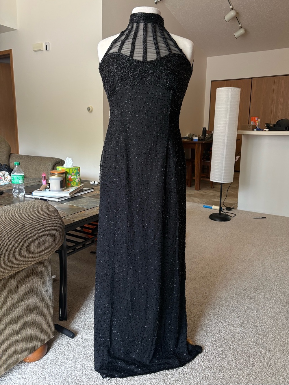 Elegant Black Beaded Halter Evening Dress